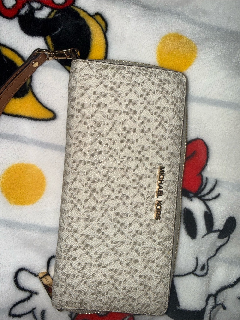 Michael Kors Beige Signature Zip-Around Wristlet Wallet with Gold Logo